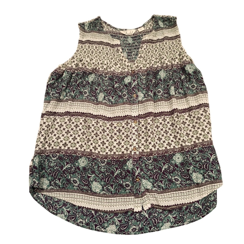 Caffe Marrakesh Sleeveless Blouse Womens Medium Green Boho Paisley Smocked Top